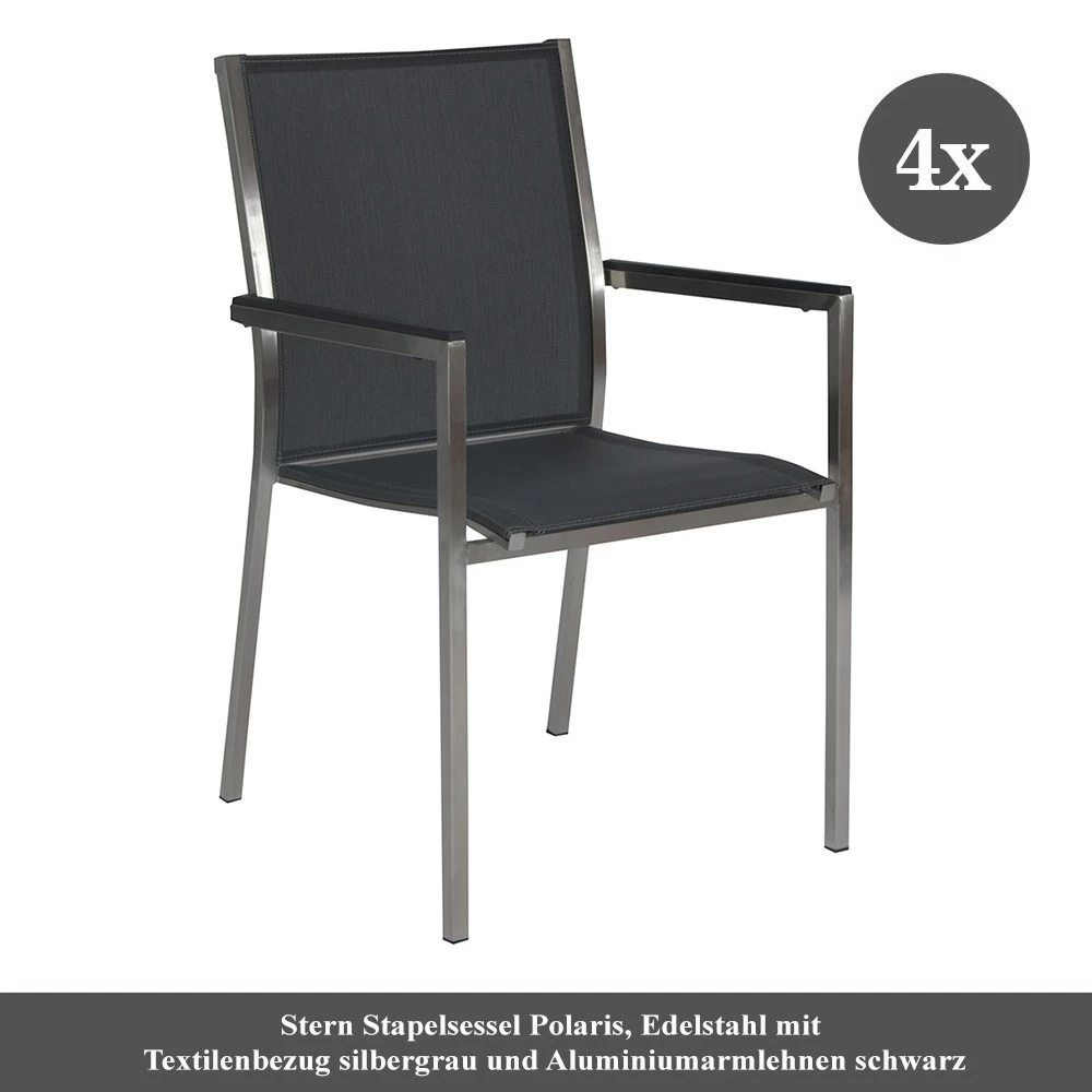 4x Stern Stapelsessel Polaris, Edelstahl Mit Textilenbezug Silbergrau Und Aluminiumarmlehnen Schwarz 3 4x Stern Stapelsessel Polaris, Edelstahl Mit Textilenbezug Silbergrau Und Aluminiumarmlehnen Schwarz