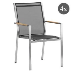 4x ZEBRA Stapelsessel One Dark Grey, Gestell Edelstahl Gebürstet Und Textilen Mit Teakarmlehnen