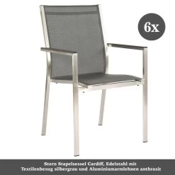 6x Stern Stapelsessel Cardiff, Edelstahl Mit Textilenbezug Silbergrau Und Aluminiumarmlehnen Anthrazit