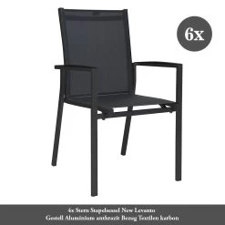6x Stern Stapelsessel New Levanto Gestell Aluminium Anthrazit Bezug Textilen Karbon