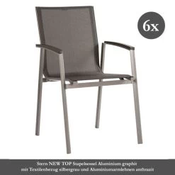6x Stern NEW TOP Stapelsessel Aluminium Graphit Mit Textilenbezug Silbergrau Und Aluminiumarmlehnen Anthrazit