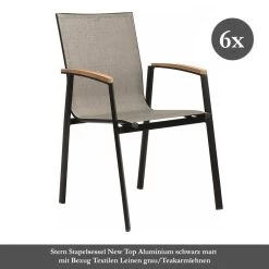 6x Stern Stapelsessel New Top Aluminium Schwarz Matt Mit Bezug Textilen Leinen Grau/Teakarmlehnen