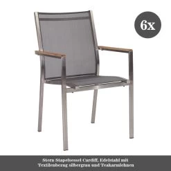 6x Stern Stapelsessel Cardiff, Edelstahl Mit Textilenbezug Silbergrau Und Teakarmlehnen