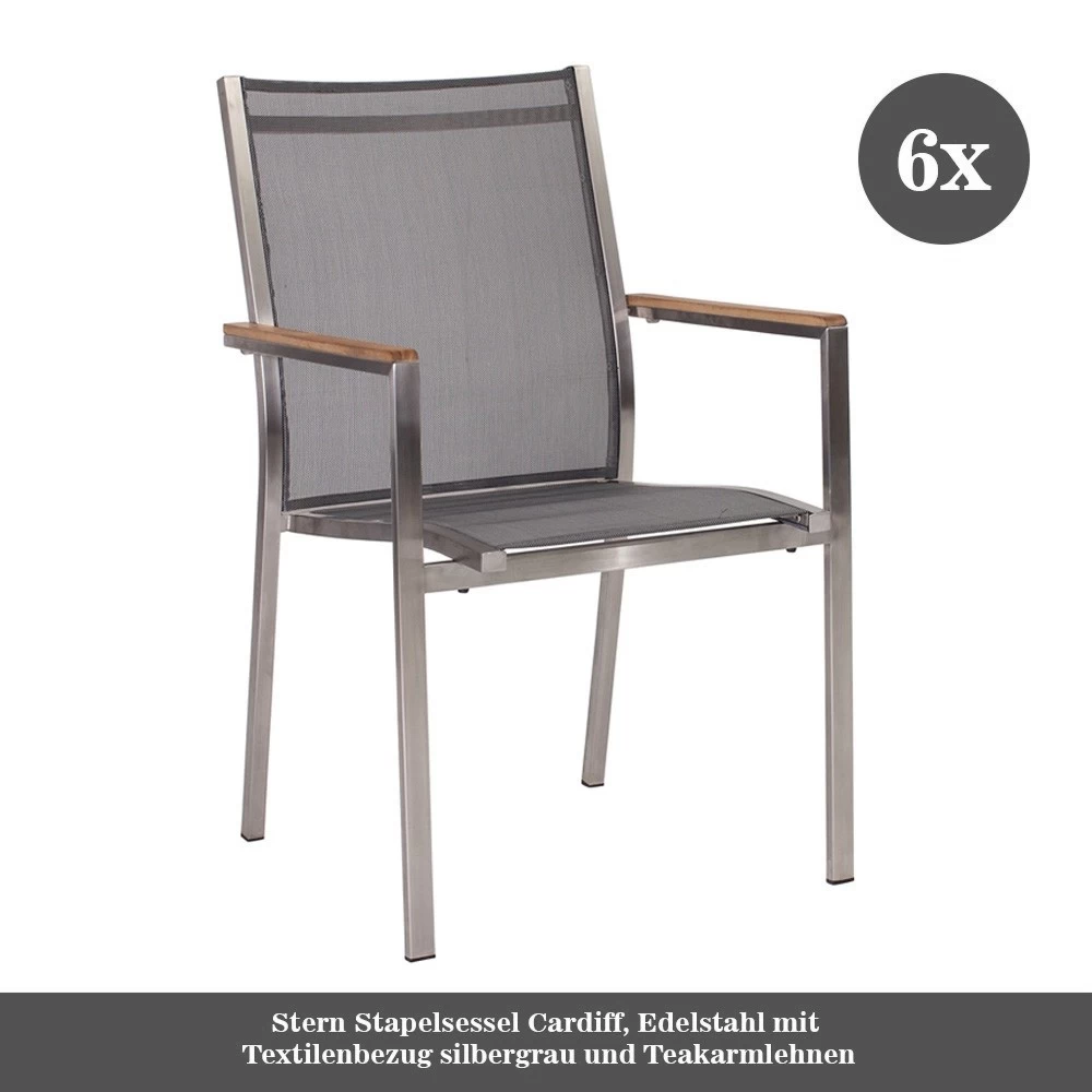 6x Stern Stapelsessel Cardiff, Edelstahl Mit Textilenbezug Silbergrau Und Teakarmlehnen 3 6x Stern Stapelsessel Cardiff, Edelstahl Mit Textilenbezug Silbergrau Und Teakarmlehnen