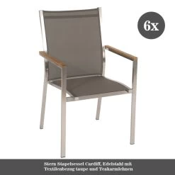 6x Stern Stapelsessel Cardiff, Edelstahl Mit Textilenbezug Taupe Und Teakarmlehnen