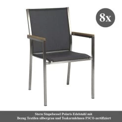 8x Stern Stapelsessel Polaris Edelstahl Mit Bezug Textilen Silbergrau Und Teakarmlehnen FSC®-zertifiziert