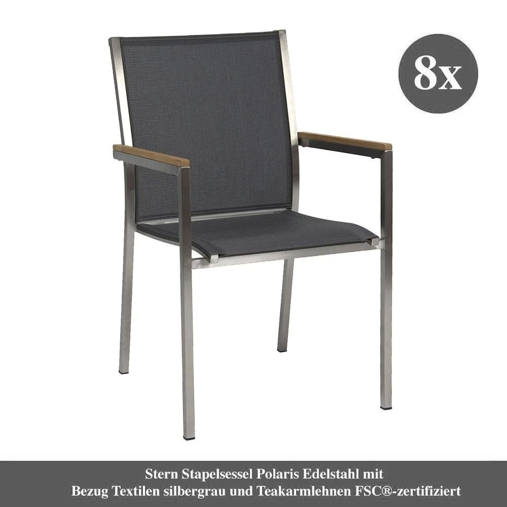 8x Stern Stapelsessel Polaris Edelstahl Mit Bezug Textilen Silbergrau Und Teakarmlehnen FSC®-zertifiziert 3 8x Stern Stapelsessel Polaris Edelstahl Mit Bezug Textilen Silbergrau Und Teakarmlehnen FSC®-zertifiziert