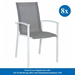 8x Stern Evoee Stapelsessel Weiß Mit Textilenbezug Silber Und Aluminiumarmlehnen Weiß