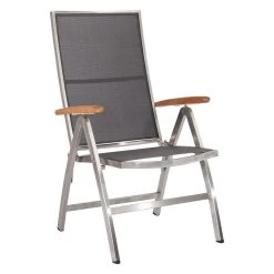 Stern Klappsessel Cardiff, Edelstahl Mit Textilenbezug Silbergrau Und Teakarmlehnen, 5-fach Verstellbar