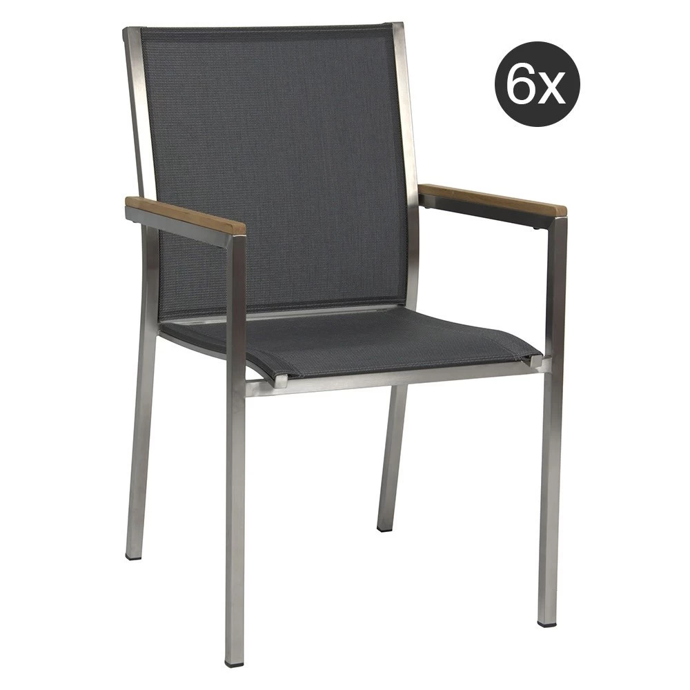 6x Stern Stapelsessel Polaris Edelstahl Mit Bezug Textilen Silbergrau Und Teakarmlehnen FSC®-zertifiziert 3 6x Stern Stapelsessel Polaris Edelstahl Mit Bezug Textilen Silbergrau Und Teakarmlehnen FSC®-zertifiziert