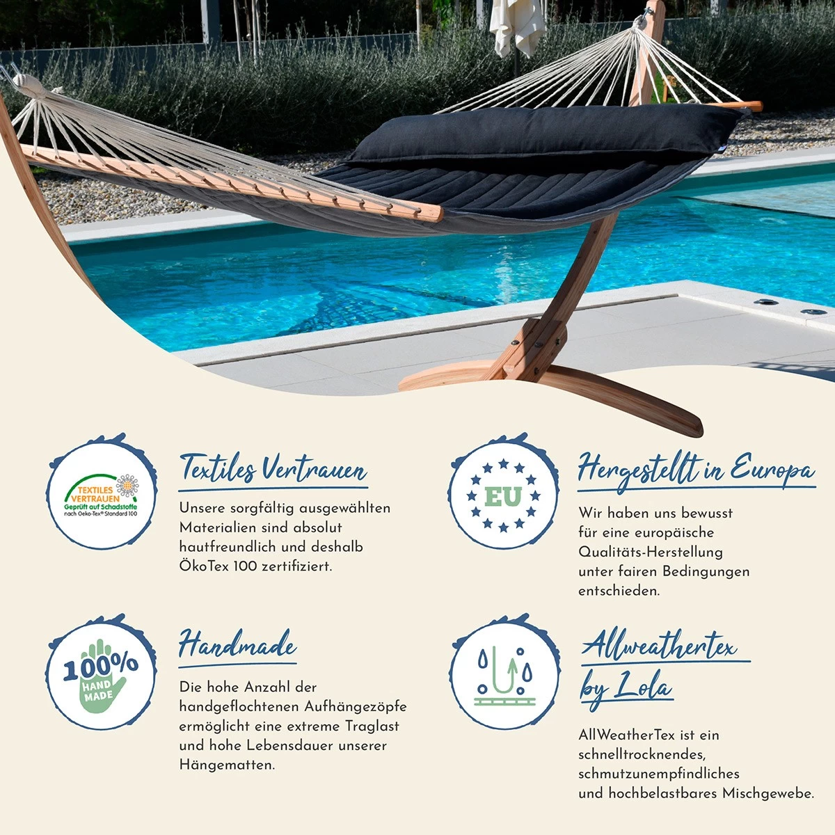 Lola Luxus Stab Hängematte Gefüttert American Hammock Lifestyle, NOIRE Mit Kissen Wetterfest 5 Lola Luxus Stab Hängematte Gefüttert American Hammock Lifestyle, NOIRE Mit Kissen Wetterfest – Bild 3