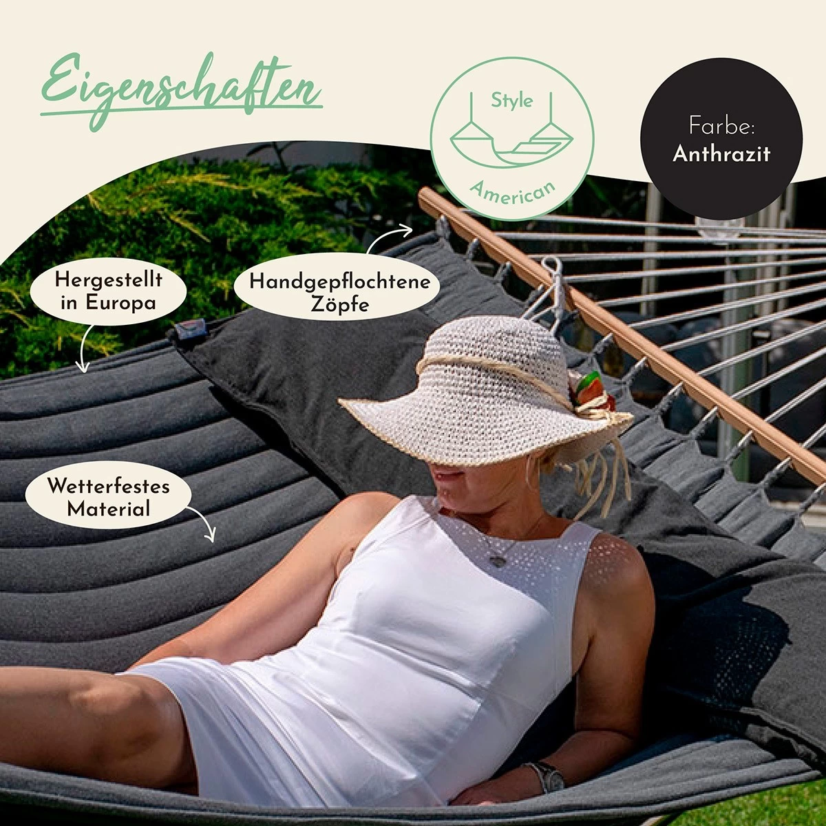 Lola Luxus Stab Hängematte Gefüttert American Hammock Lifestyle, NOIRE Mit Kissen Wetterfest 11 Lola Luxus Stab Hängematte Gefüttert American Hammock Lifestyle, NOIRE Mit Kissen Wetterfest – Bild 9