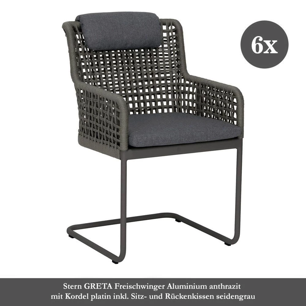 6x Stern GRETA Freischwinger Aluminium Anthrazit Mit Kordel Platin Inkl. Sitz- Und Rückenkissen Seidengrau 3 6x Stern GRETA Freischwinger Aluminium Anthrazit Mit Kordel Platin Inkl. Sitz- Und Rückenkissen Seidengrau
