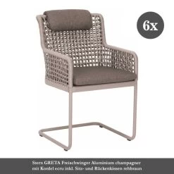 6x Stern GRETA Freischwinger Aluminium Champagner Mit Kordel Ecru Inkl. Sitz- Und Rückenkissen Rehbraun