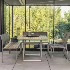 Stern Bank 3-Sitzer Viona Edelstahl Mit Teakbelattung FSC®-zertifiziert/Rücken Starr Text. Leinen Grau -Gartenmöbel Store stern bank 3er viona edelstahl leinen grau 417722 7