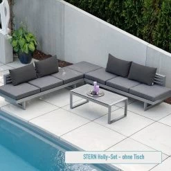 STERN Komplettset 2x NEW HOLLY Bank/Liege Alu Graphit Mit Auflage Schiefergrau Und 4x Rückenkissen Schiefergrau