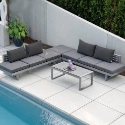 STERN Komplettset 2x NEW HOLLY Bank/Liege Alu Graphit, 1x Beistelltisch ALLROUND Und 4x NEW HOLLY Rückenkissen Schiefergrau