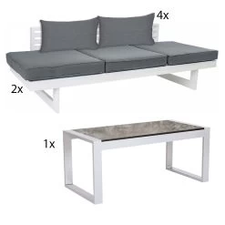 STERN Komplettset 2x NEW HOLLY Bank/Liege Alu Weiß, 1x Beistelltisch ALLROUND Und 4x NEW HOLLY Rückenkissen Seidengrau