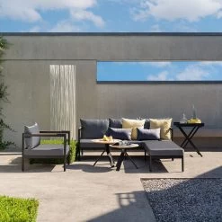 Stern Lounge Set Viggo Sofa Und Sessel Seidenschwarz Und 2x Beistelltisch Freddie Tischplatte Teak