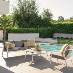 Stern Loungemöbel-set VANDA 3-teilig Alu Weiß Polsterung Seidengrau Und Lounge Tisch Dekor Dark Marble