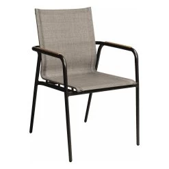 Stern Stapelsessel Vento Aluminium Schwarz Matt Textilen Leinen Grau/Teakarmlehnen