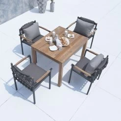 Zebra Stapelsessel 4x Beatrix Graphite Und Derex Teak Tischgestell Mit Platte 80x100 Cm Recyceltes Teak